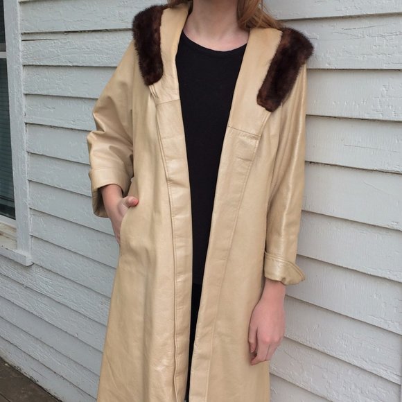 Open Front Leather Coat 60s Champagne Ivory Pleather Fur Trim Midcentury - Picture 6 of 8